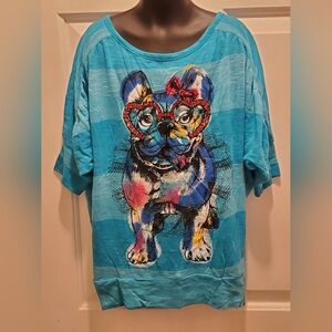 Girl's Size Medium Turquoise Striped  French Bulldog Knit Shirt